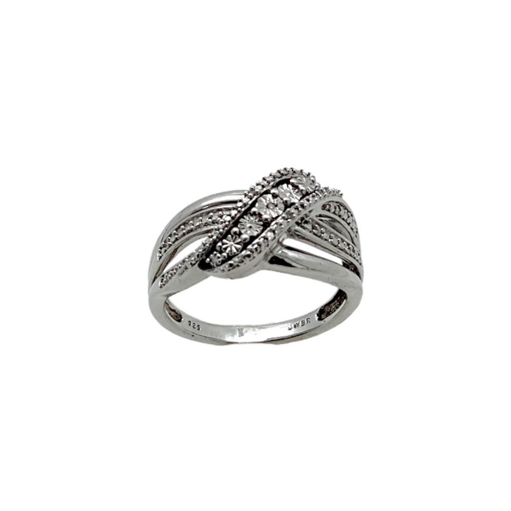 1990s JWBR 925 Sterling Silver Cocktail Band Ring Size 6.75 Diamond Chip Art Dec
